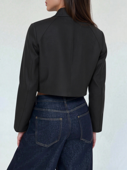 Woman's Black Cropped Double-Breasted Jacket with Metal Buttons-Aegean-sea