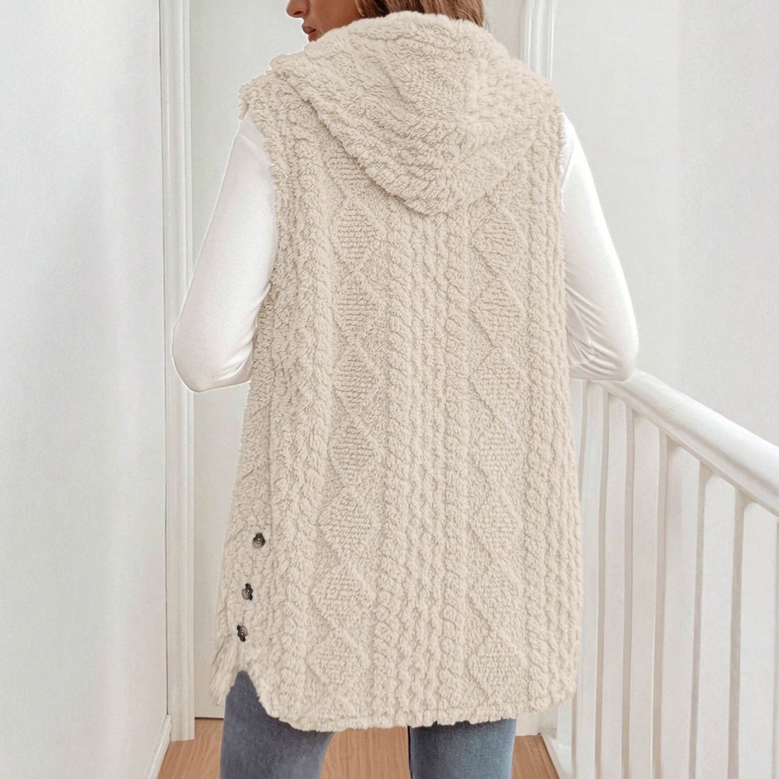 Vestido frontal sin mangas con botones de sherpa beige para mujer-Aegean-sea