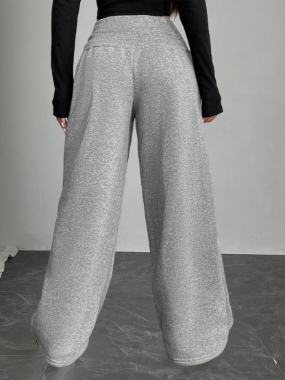 Light gray high waist drawstring broad leg wei pants woman, loose sagging feeling lazy wind pants
