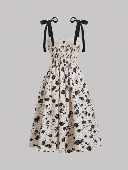 Women's Black and White Floral Print Spaghetti Strap Midi Dress-Aegean-sea