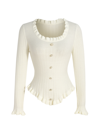Woman's White Ruffled Square Neck Ribbed Knit Top with Pearl Buttons-Aegean-sea
