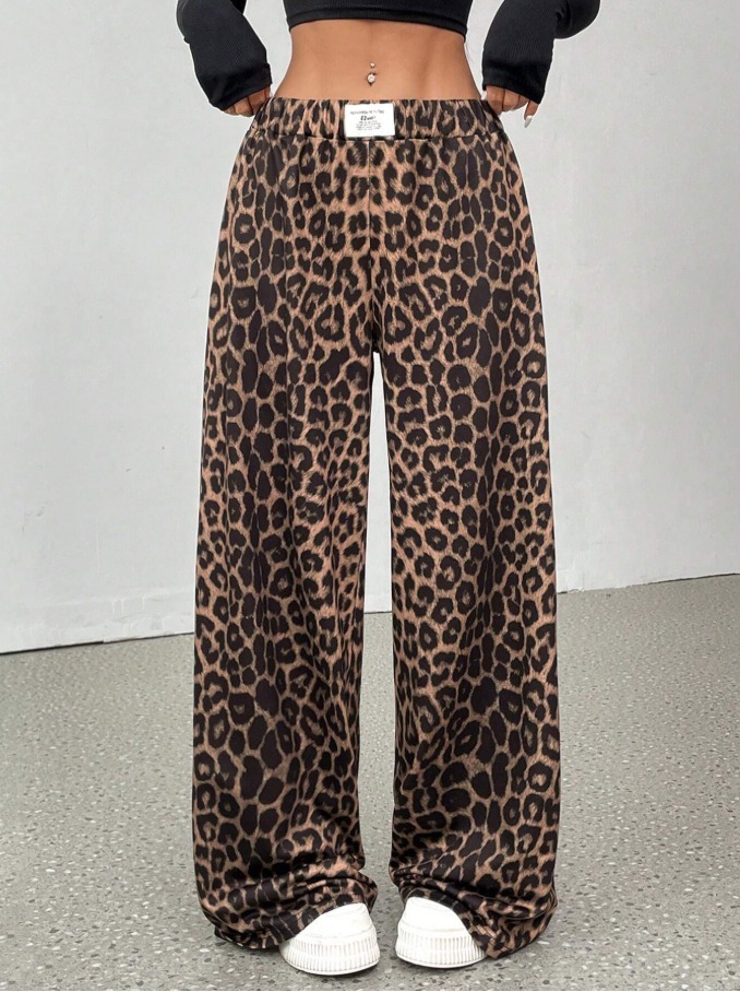 Leopard pattern wide leg pants woman, high waist drop feeling loose pants-Aegean-sea