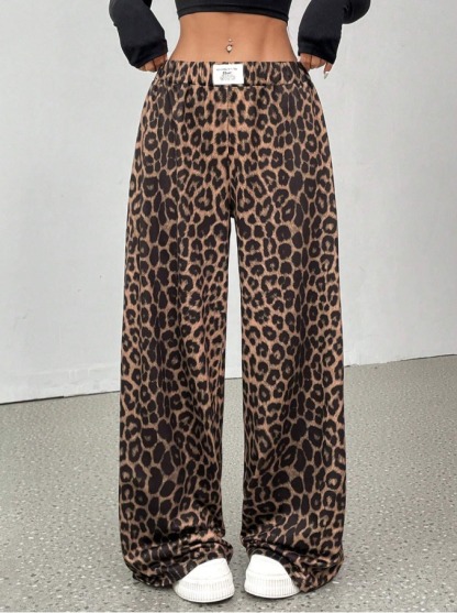 Leopard pattern wide leg pants woman, high waist drop feeling loose pants-Aegean-sea