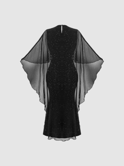 Women's Plus Size Sequin Cape-Sleeve Mermaid Maxi Dress-Aegean-sea