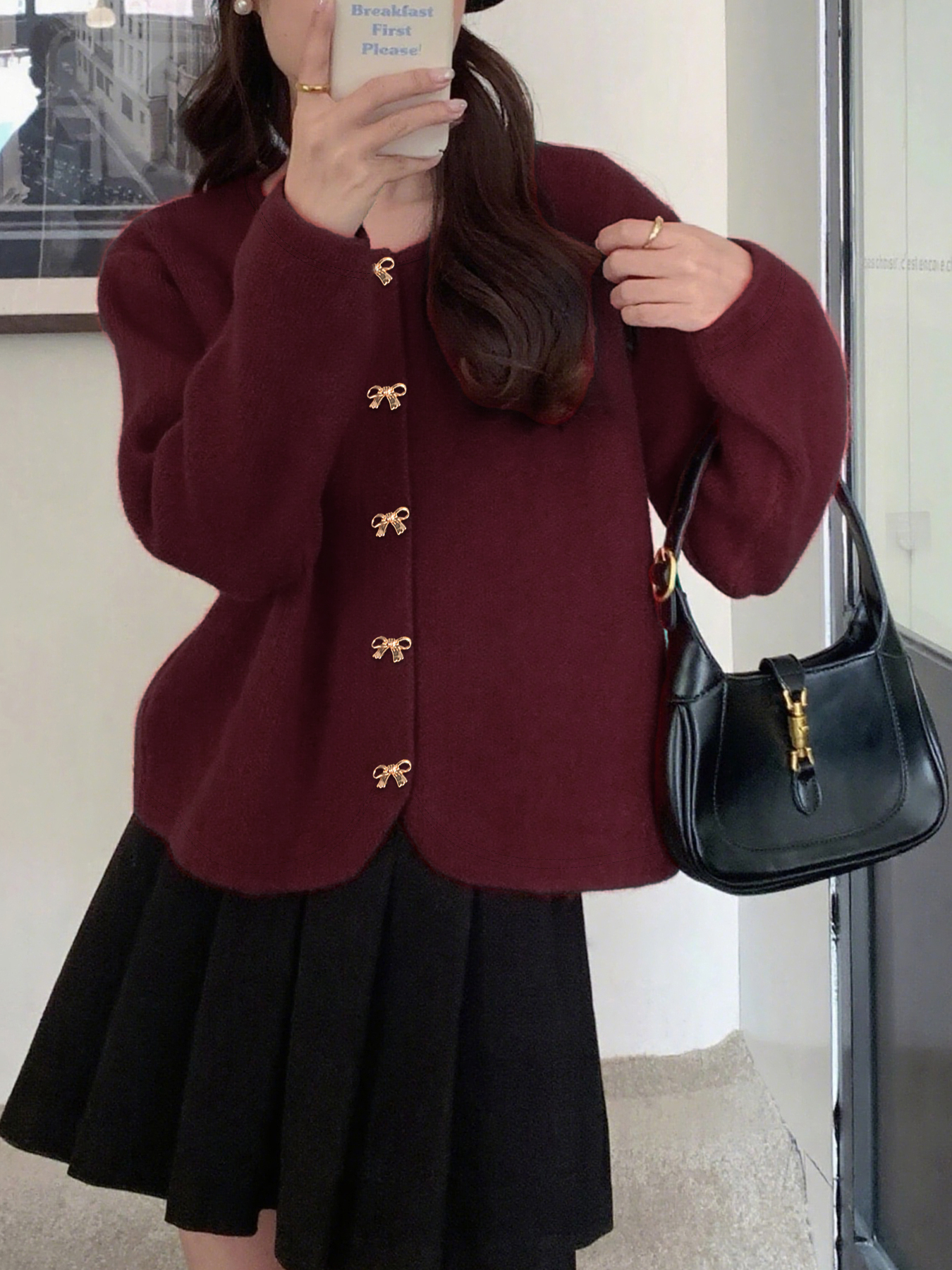 Cardigan de cuello redondo con botón abotonado cortado para mujer-Aegean-sea