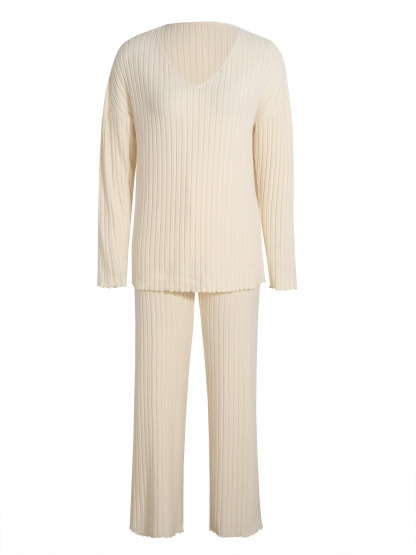 Beige-white V-neck pinstripe knit suit, loose-fitting long-sleeved shirt, belted wide-legged pants