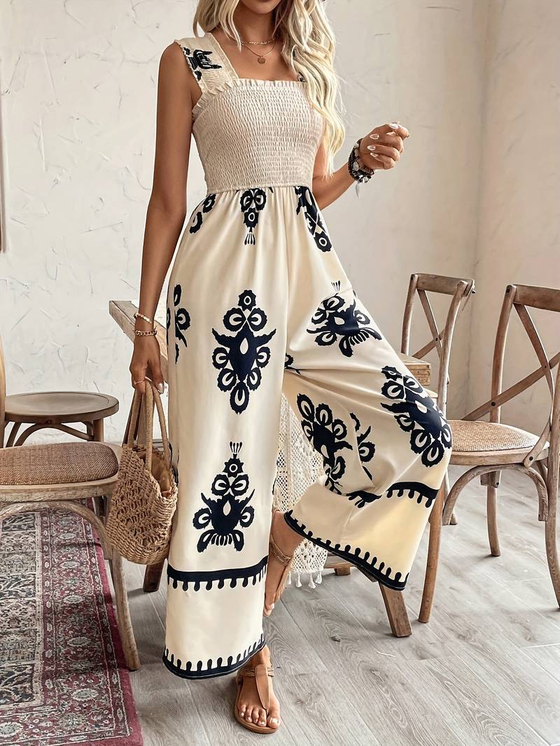 Women's Boho Smocked Wide Leg Jumpsuit - Sleeveless Tribal Print Split Hem Jumpsuit