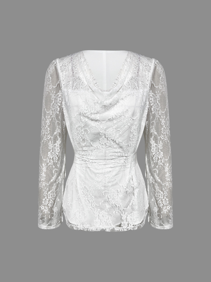 White lace flared-sleeve women‘s top Stacked collared waist-through shirt
