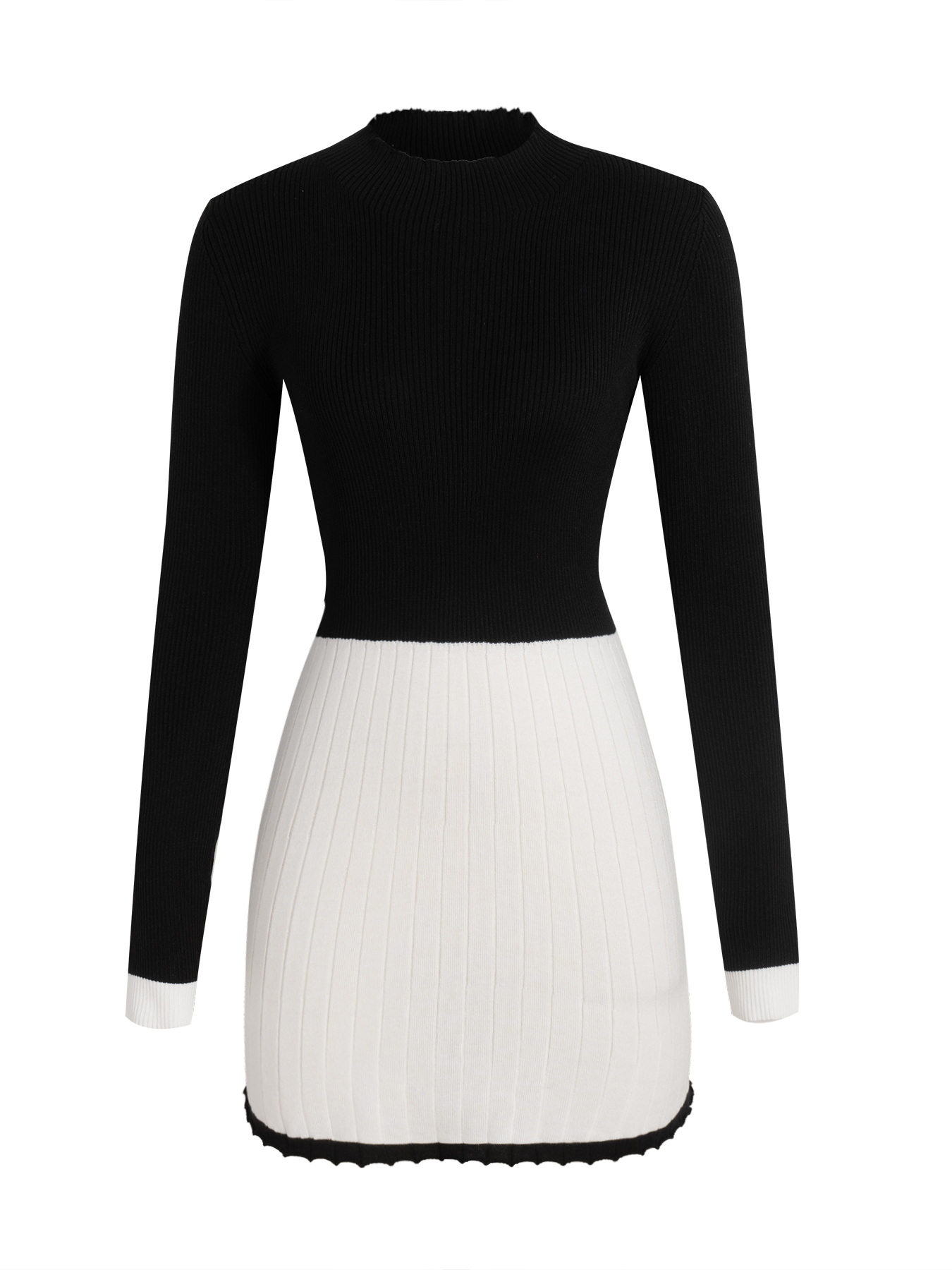 Vestido de jersey ondulado de manga larga de punto de cuello alto de rayas negras y blancas para mujer-Aegean-sea