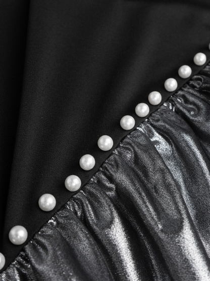 Black-and-silver pearl-stitched dress. Long skirt with square neck and long sleeves, tight and shiny. Sexy dress for dinner parties.-Aegean-sea