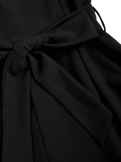 Women's Black V-Neck Belted Wide Leg Jumpsuit-Aegean-sea