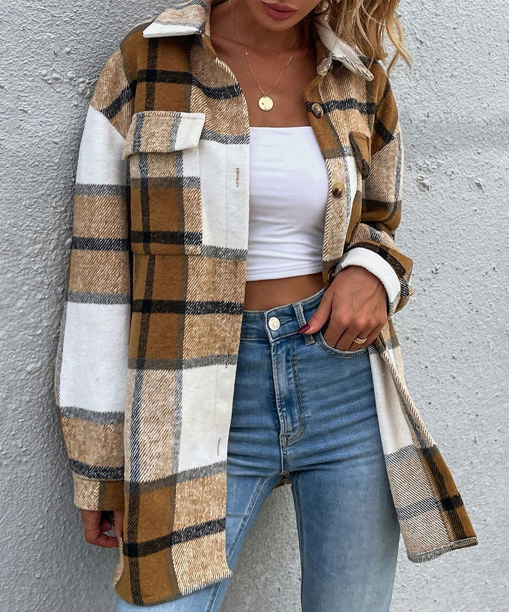 Camisa de manga larga abotonada a cuadros marrones y blancos-Aegean-sea