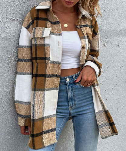 Camisa de manga larga abotonada a cuadros marrones y blancos-Aegean-sea