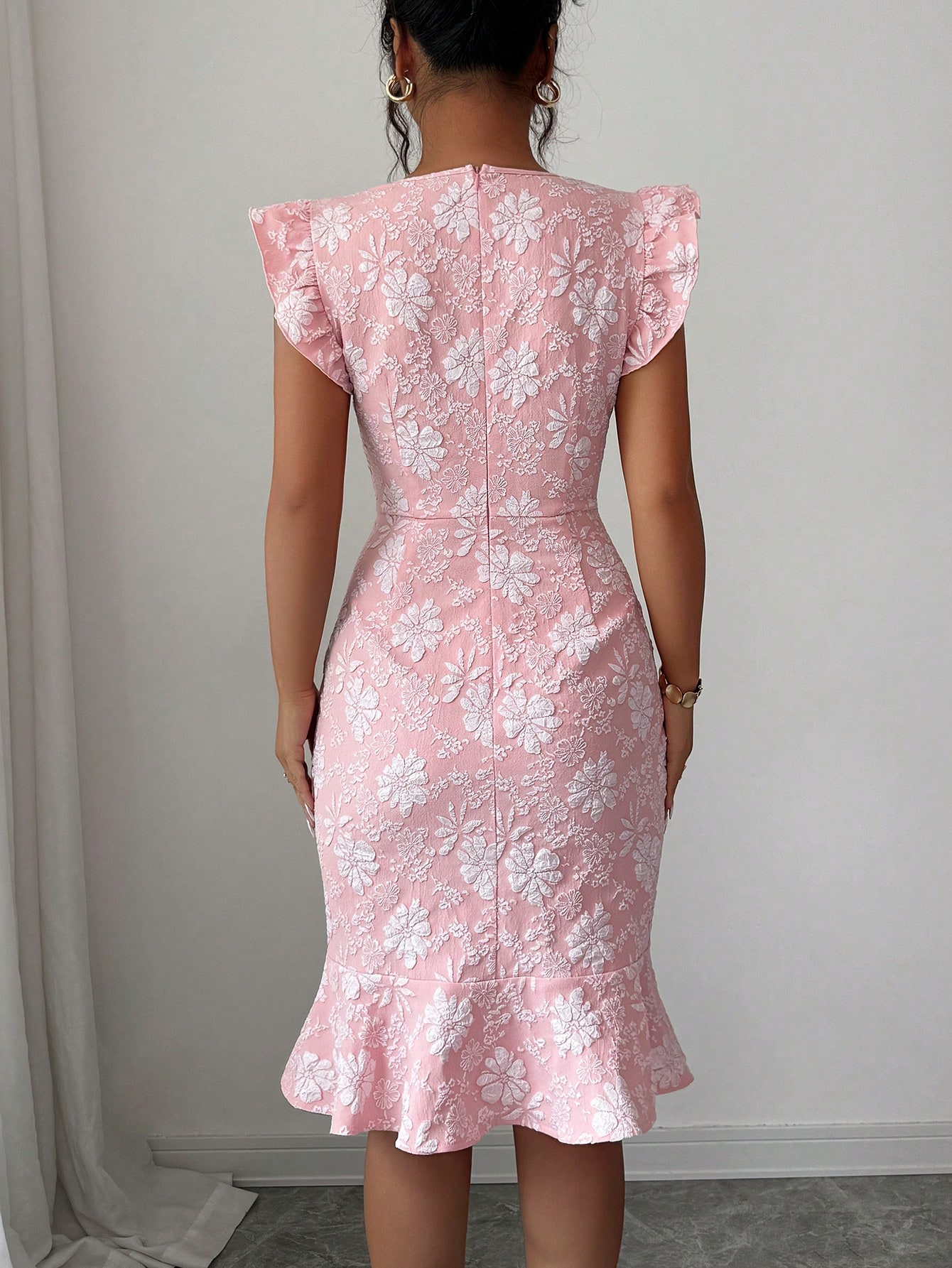 Pink Jacquard Square Neck Ruffle Bodycon Mini Dress, Elegant Casual Party Dress