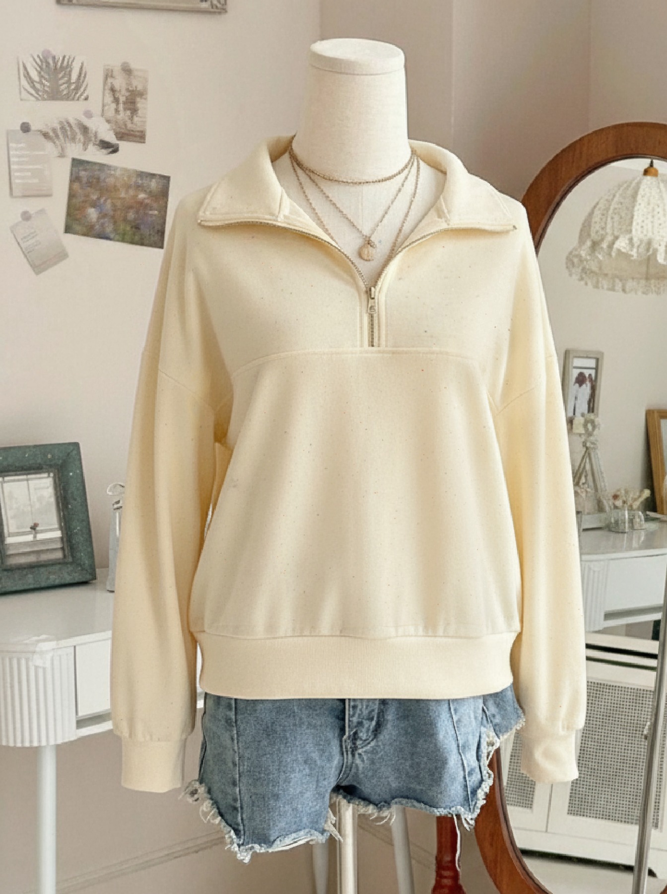 Lazy Style Speckled Half-Zip Polo Neck Sweatshirt : Oversized Drop Shoulder Long-Sleeve Top