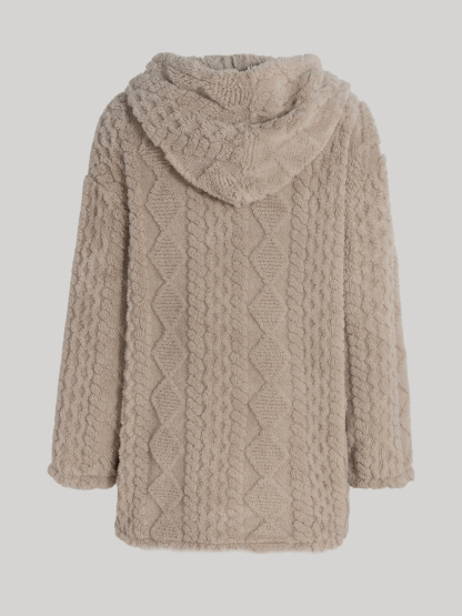 Woman's Soft Lazy Style Khaki Fleece Hooded Coat: Autumn-Winter Warm Mid-Length Textured Zip-Up Coat-Aegean-sea