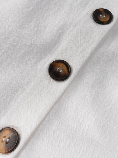 Woman's White Linen Short Sleeve Top with Back Button Detail-Aegean-sea