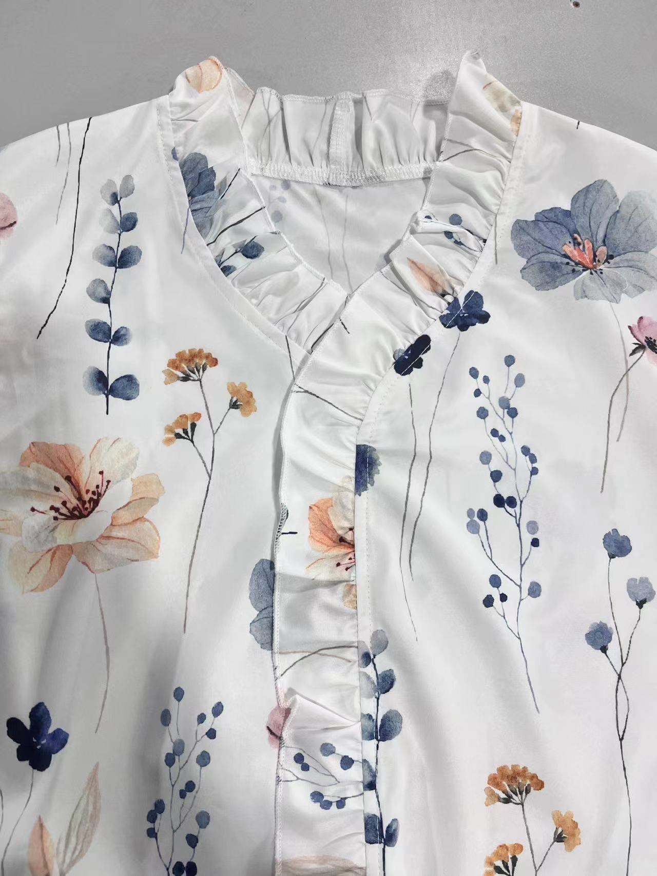 Floral Lace-Trimmed V-Neck Blouse, Puff Sleeve Chiffon Top