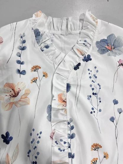 Floral Lace-Trimmed V-Neck Blouse, Puff Sleeve Chiffon Top