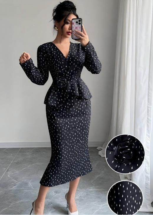 Women's Elegant V Neck Long Sleeve Peplum Top and Mermaid Midi Skirt 2 Piece Outfit with Belt