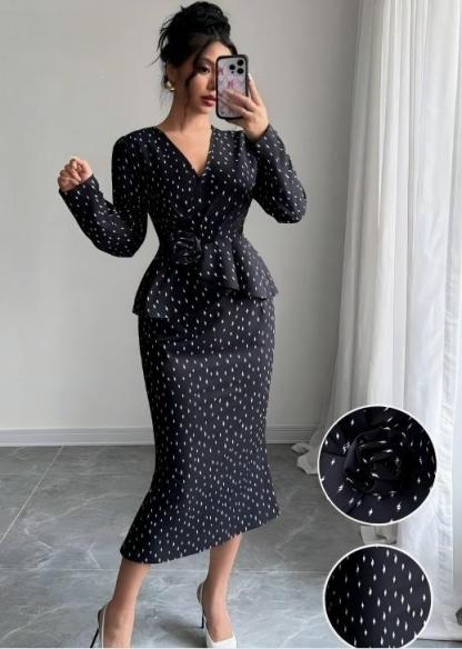 Women's Elegant V Neck Long Sleeve Peplum Top and Mermaid Midi Skirt 2 Piece Outfit with Belt