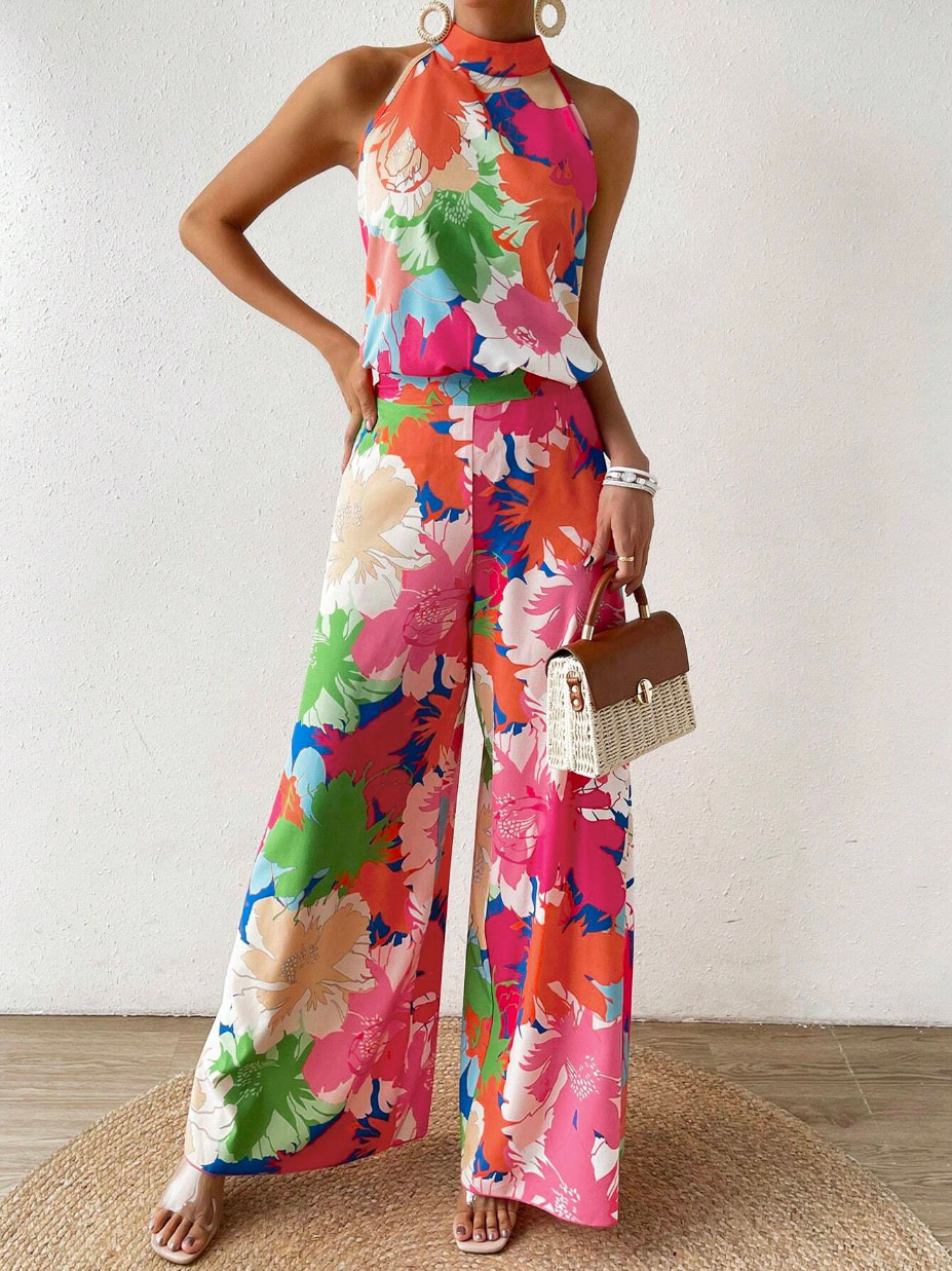 Flower-print floral neck-hanging suit, holiday wide-legged two-piece suit