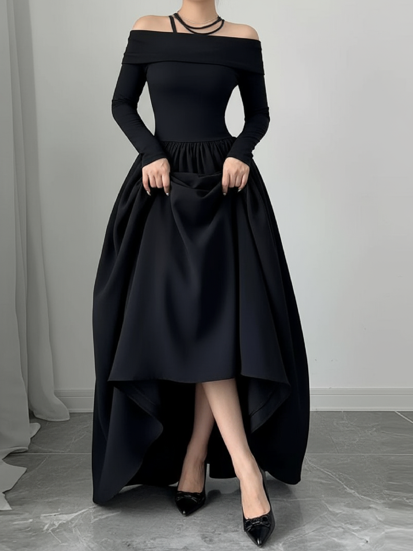 Woman's Black Off-the-Shoulder Long-Sleeve Maxi Dress with Full Skirt-Aegean-sea