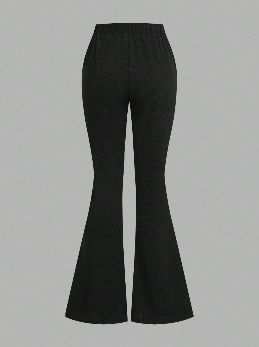 Woman's White Striped Sleeve Bustier Top & Black High-Waisted Flared Pants Two-Piece Set-Aegean-sea