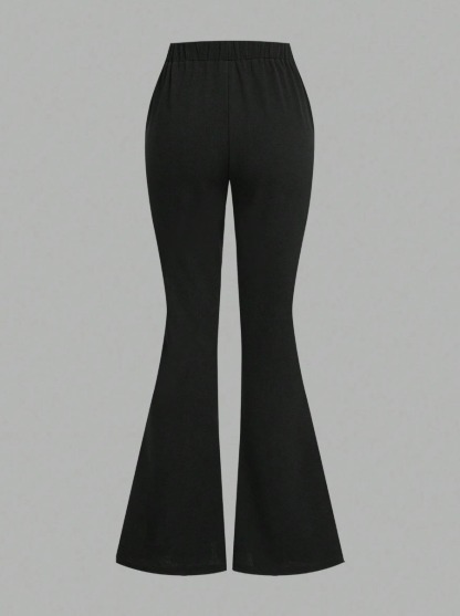 Woman's White Striped Sleeve Bustier Top & Black High-Waisted Flared Pants Two-Piece Set-Aegean-sea