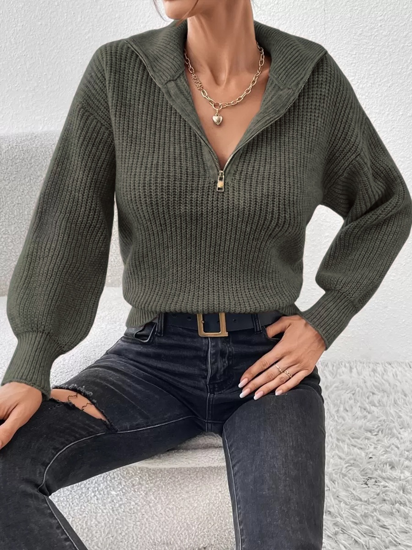 Gray Ribbed Half-Zip Polo Neck Knit Sweater-Aegean-sea