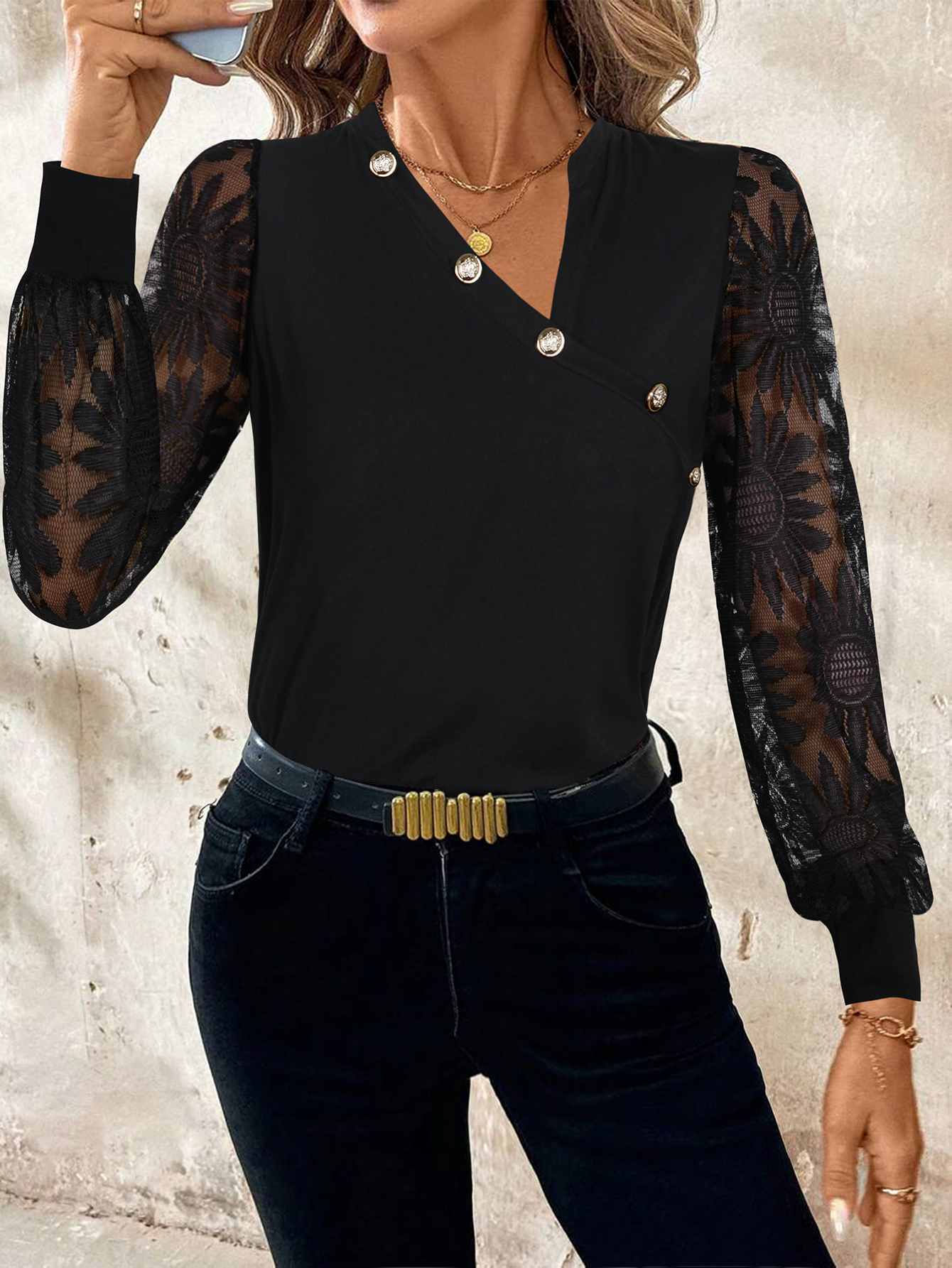 Black Lace Mounted Metal Button Women‘s Blouse Long-Sleeve V-Collared Cross-Fit Chiffon Shirt
