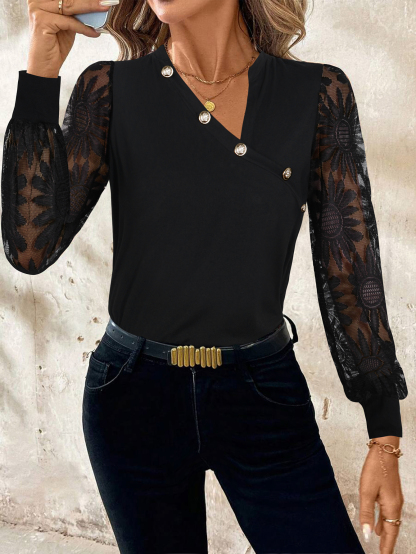 Black Lace Mounted Metal Button Women‘s Blouse Long-Sleeve V-Collared Cross-Fit Chiffon Shirt