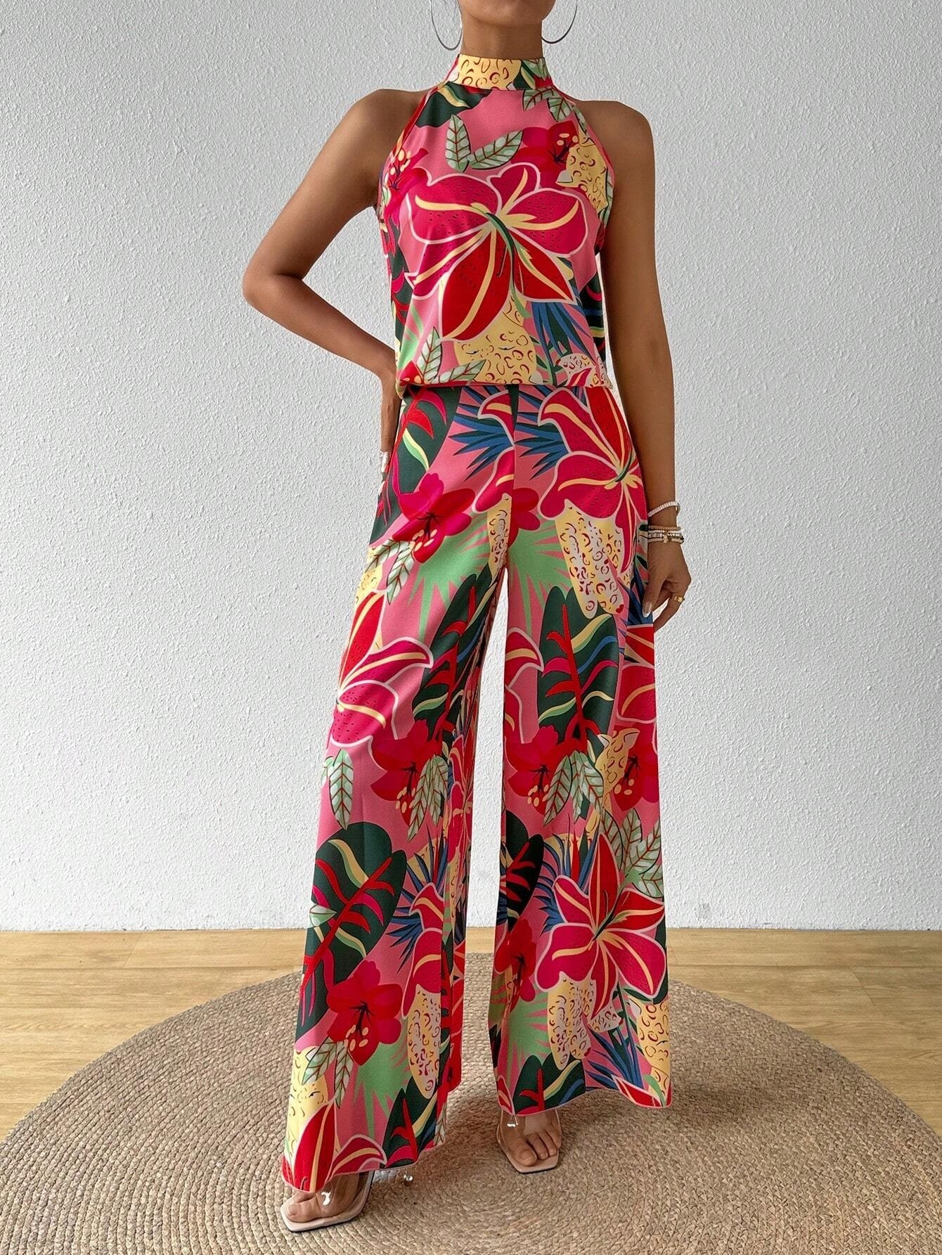 Pink Tropical Flower Neckholder Set, Holiday Wide Legs 2-piece Set