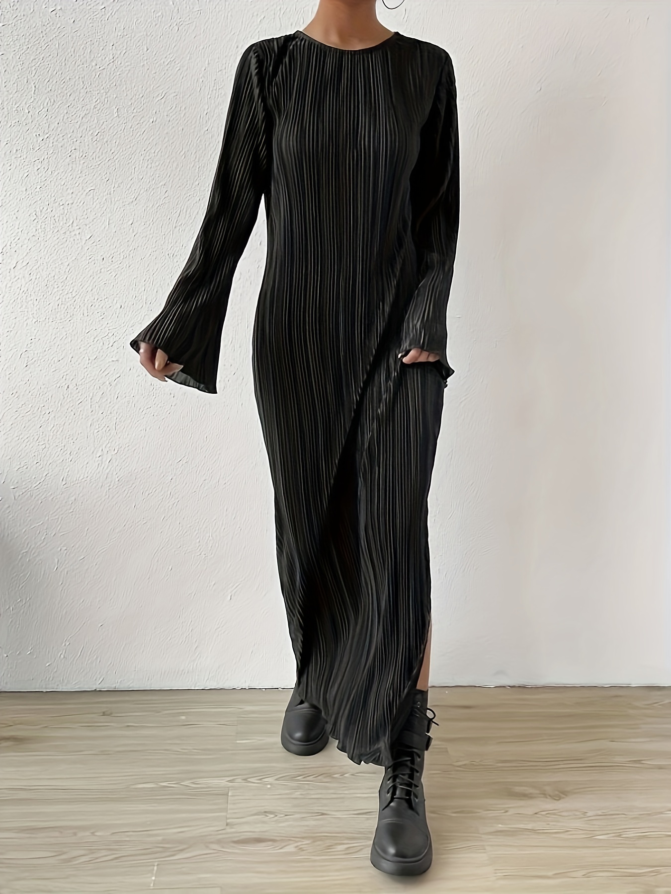 Woman's Long Sleeve Maxi Dress with Bell Sleeves, Vertical Pleats and Side Slit-Aegean-sea
