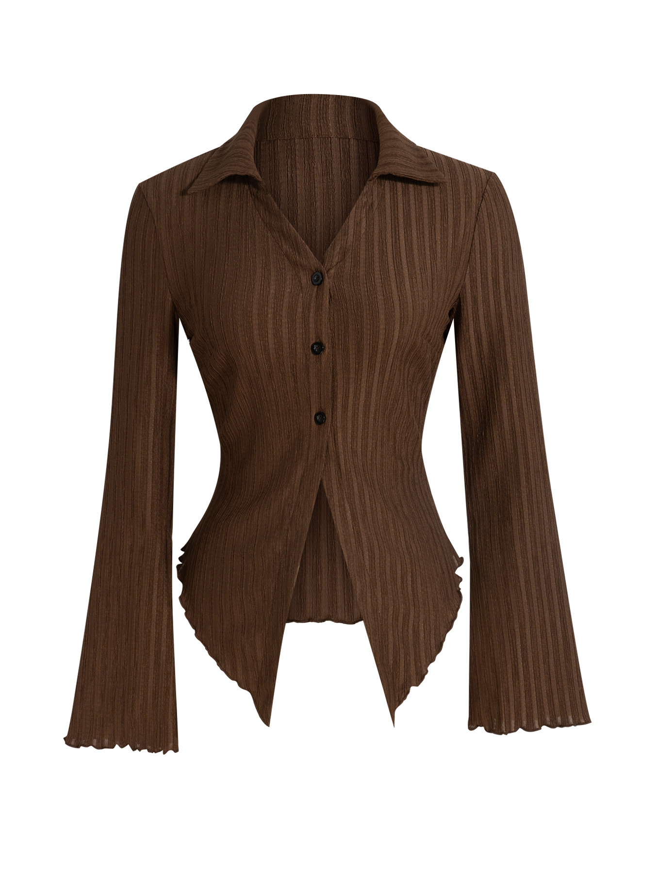 Woman's Chocolate brown striped collared cardigan-Aegean-sea