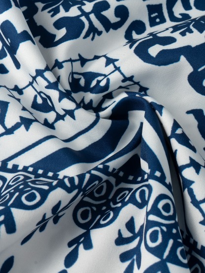 Tsinghua porcelain positioned floral print dress Standing collar with waist tie Long skirt with wide hem