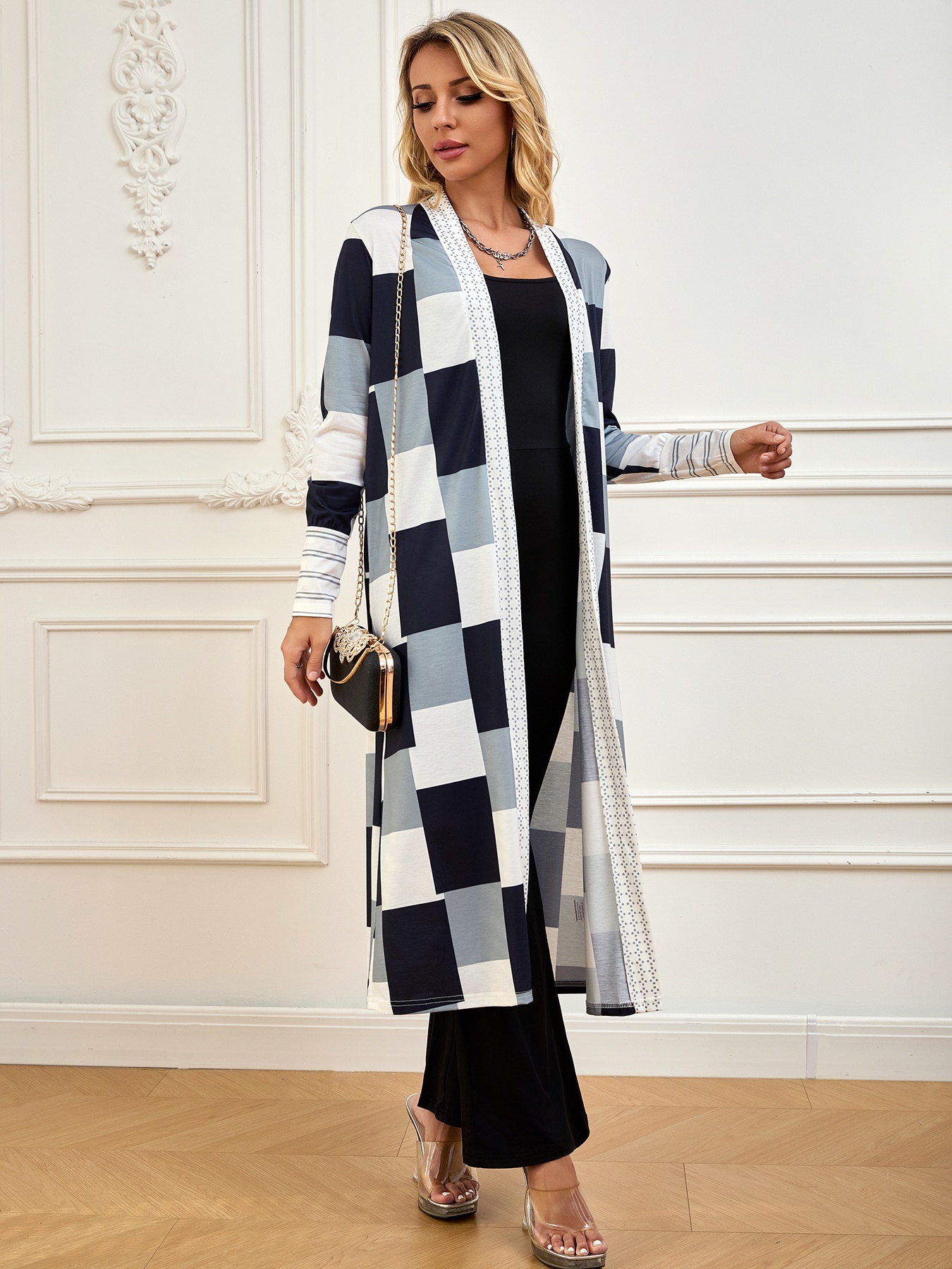 Cárdigan de manga larga de mujer con estampado a cuadros-Aegean-sea