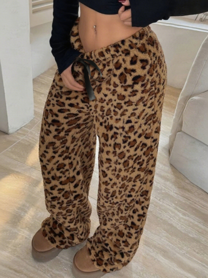 Pantalón de salón de piernas anchas con cordón y estampado de leopardo para mujer-Aegean-sea