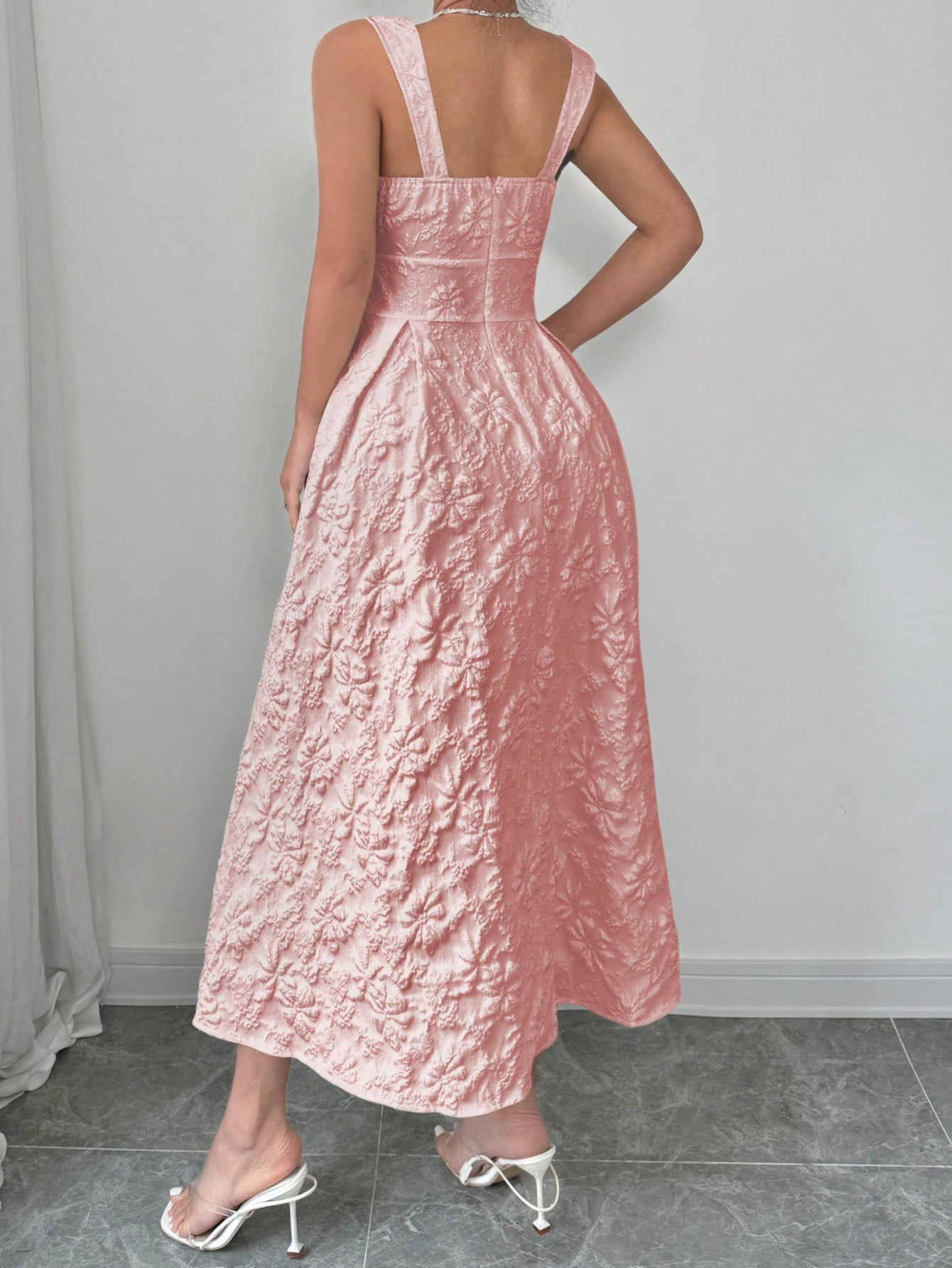 Women's Pink Floral Jacquard Square Neck Sleeveless Midi Dress-Aegean-sea