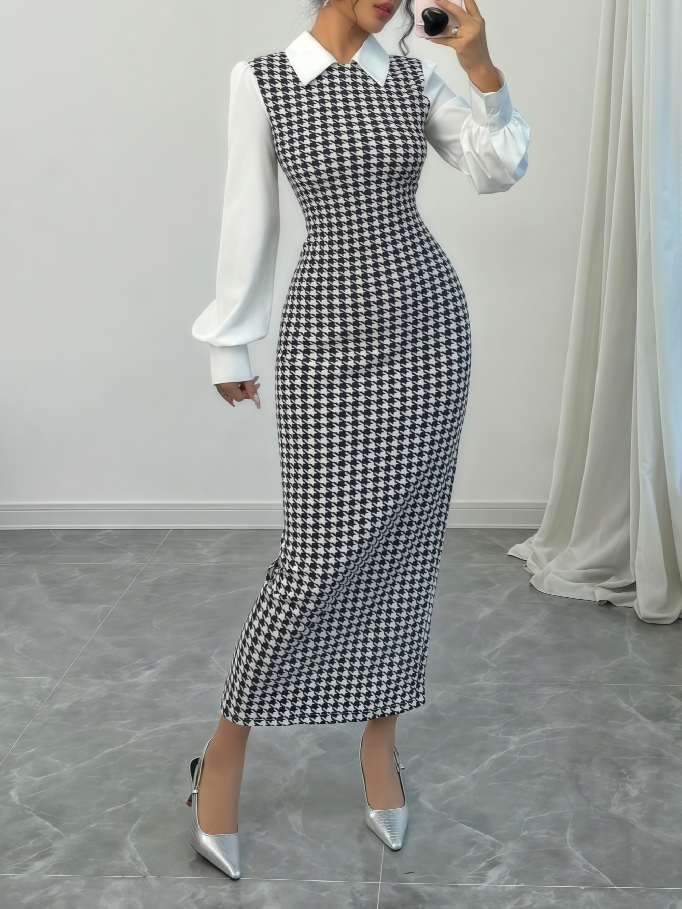 Woman's Black & White Houndstooth Two-In-One Dress | White Shirt Collar Puff Sleeve Fitted Maxi Office Dress-Aegean-sea