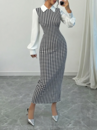 Woman's Black & White Houndstooth Two-In-One Dress | White Shirt Collar Puff Sleeve Fitted Maxi Office Dress-Aegean-sea