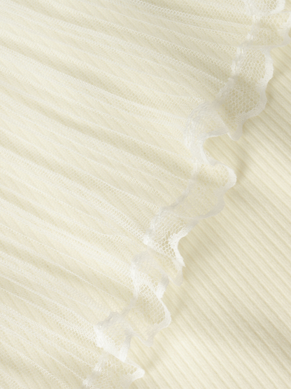 Women's Cream V-Neck Long Sleeve Top with Asymmetric Ruffle Lace Trim and Ribbed Detail