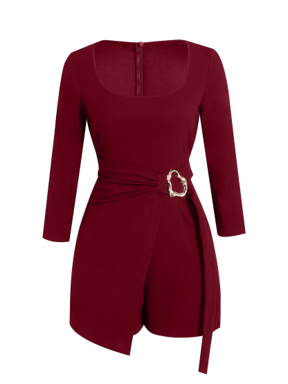 Red square-collared metal-buttoned jumpsuit Belted mid-sleeve irregular shorts
