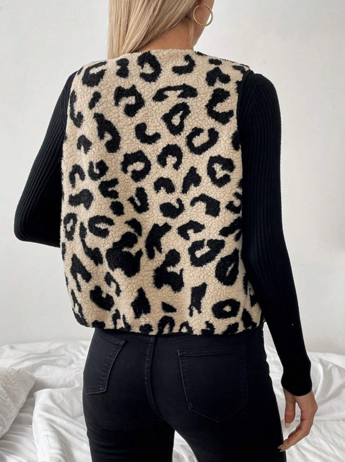 Woman's Beige & Black Leopard Print Shearling Vest-Aegean-sea