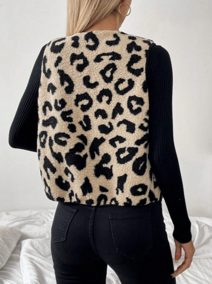 Woman's Beige & Black Leopard Print Shearling Vest-Aegean-sea