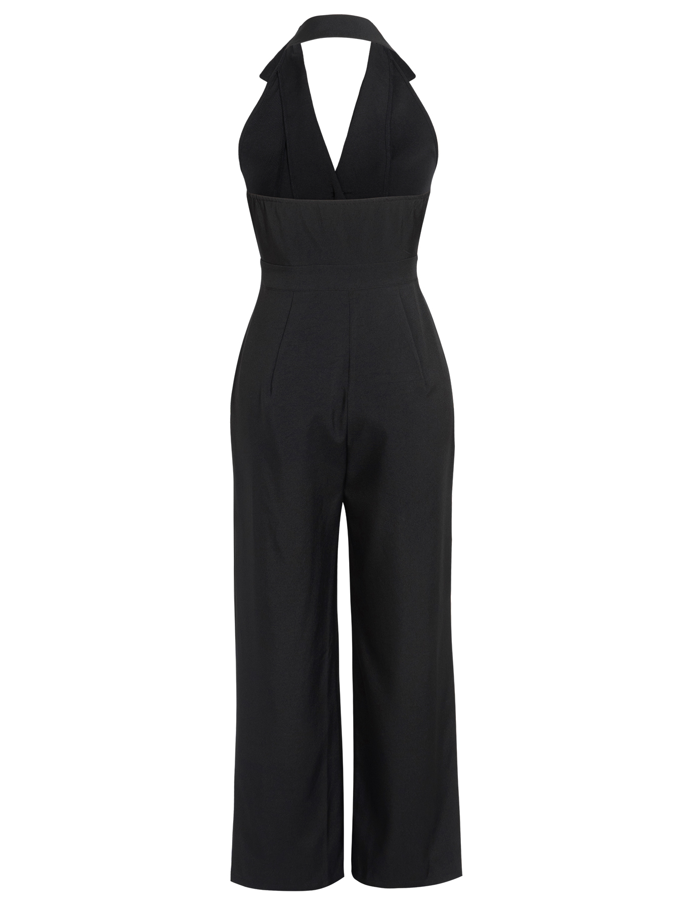 Woman's sleeveless backless suit collar-buttoned high-waisted wide-legged jumpsuit-Aegean-sea
