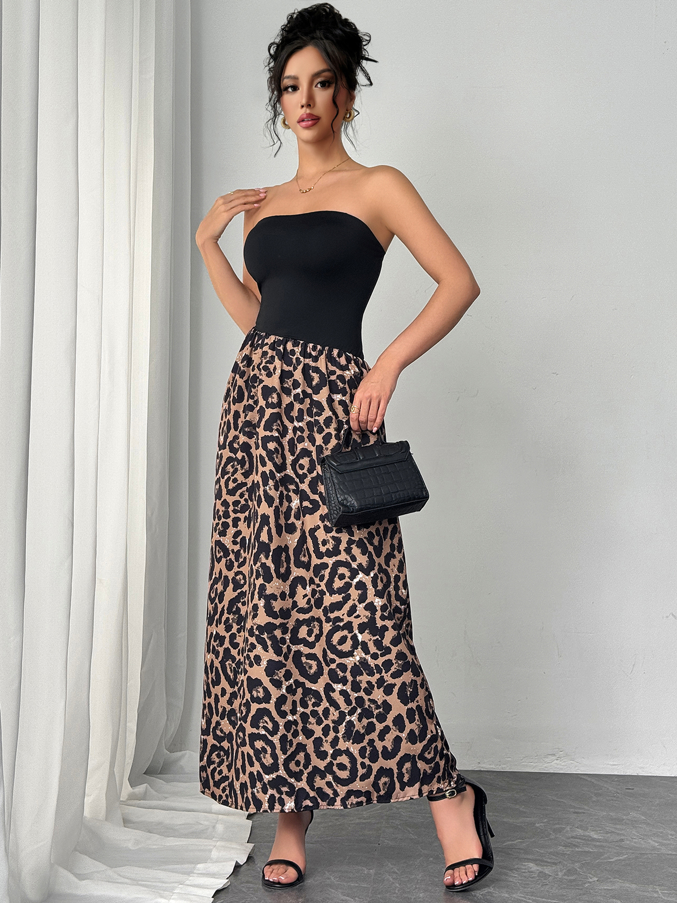 Woman's Black Strapless & Leopard Print Sequin Maxi Dress-Aegean-sea