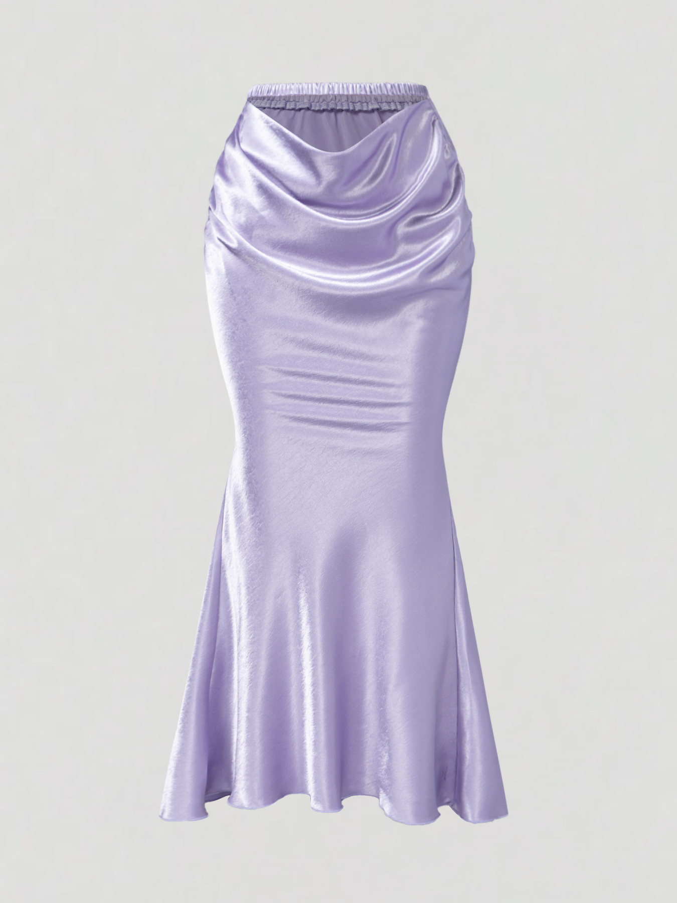 Women's Lavender Satin Midi Skirt with Ruched Asymmetric Waist Detail-Aegean-sea