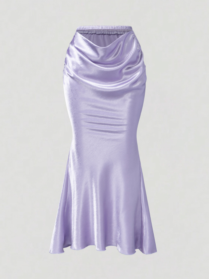 Women's Lavender Satin Midi Skirt with Ruched Asymmetric Waist Detail-Aegean-sea