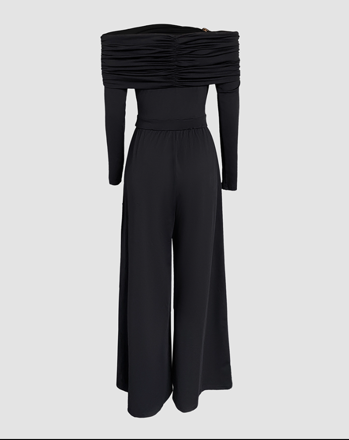 Woman's Off-the-Shoulder Long-Sleeve Embellished Waist Wide-Leg Jumpsuit-Aegean-sea